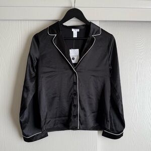 Black Satin Button-Up Shirt with White Trim